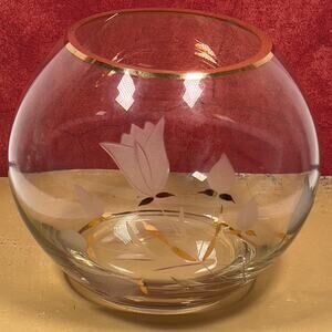 Crystal Glass Industries Made in Romania Etched Tulip Flower Round Bowl Vase